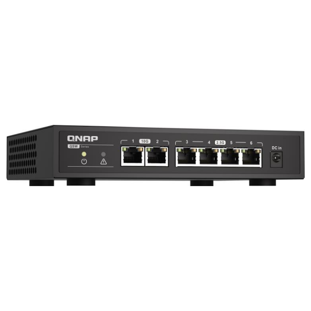 A large main feature product image of QNAP QSW-2104-2T 10GbE/2.5GbE 6-Port Network Switch