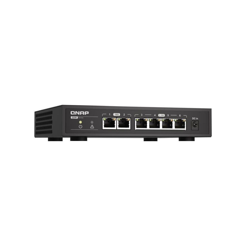 A large main feature product image of QNAP QSW-2104-2T 10GbE/2.5GbE 6-Port Network Switch