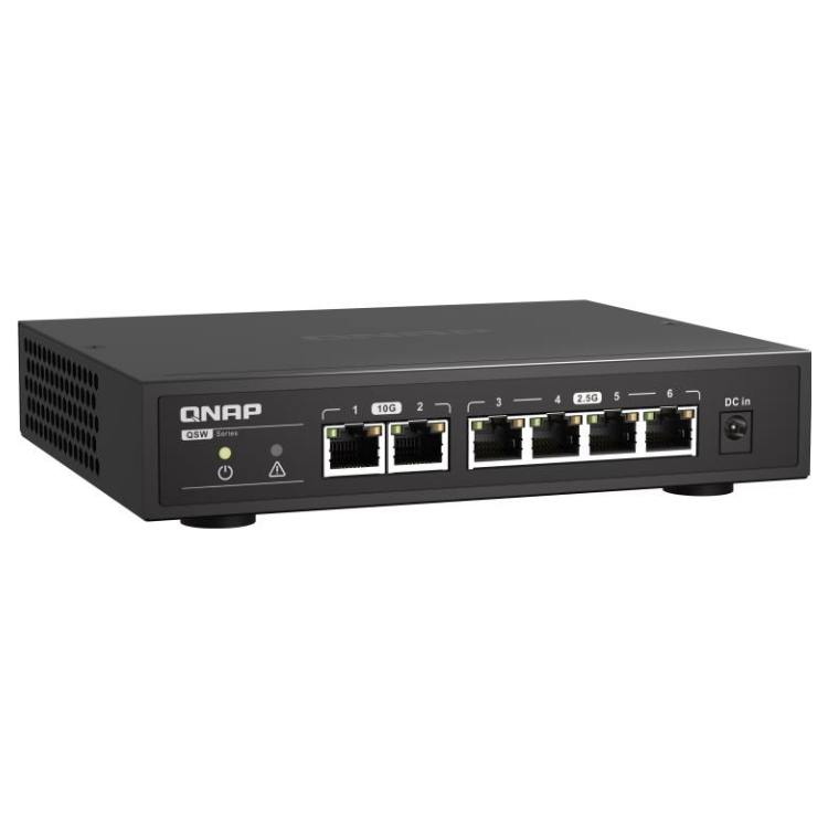 A large main feature product image of QNAP QSW-2104-2T 10GbE/2.5GbE 6-Port Network Switch