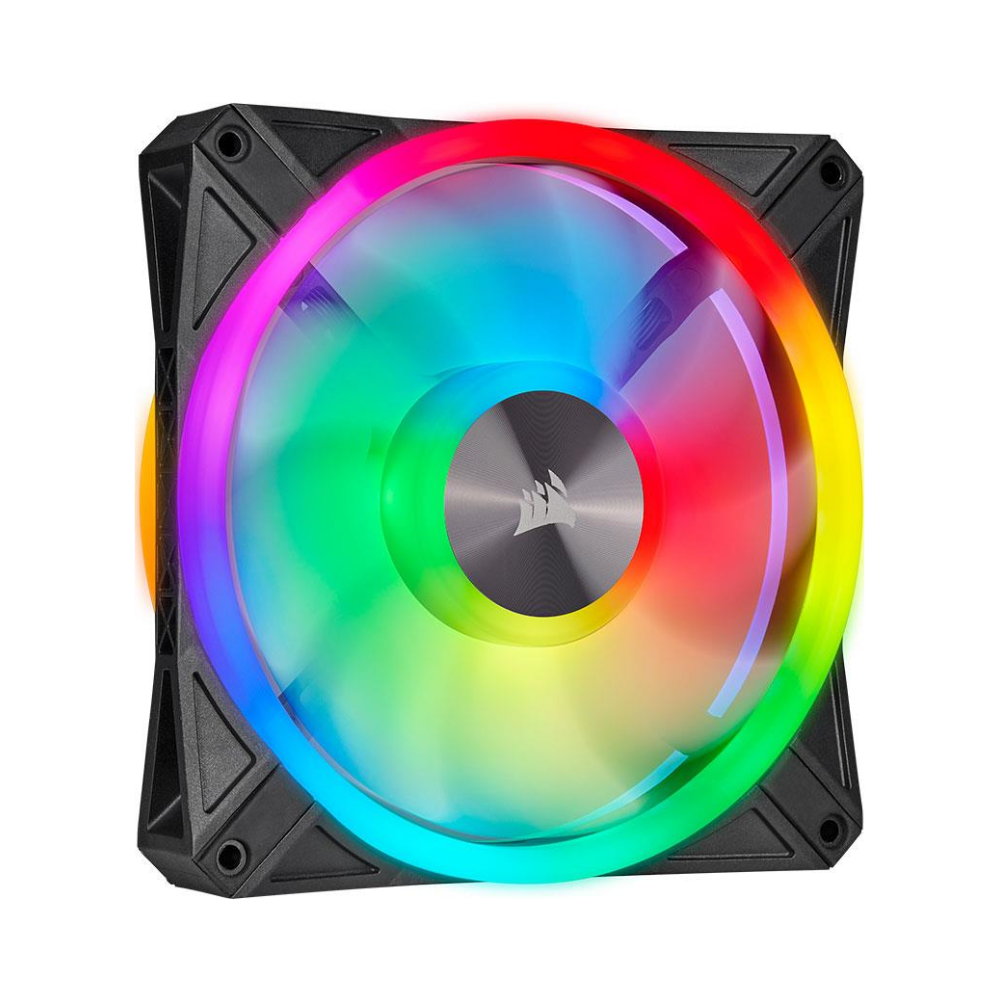 A large main feature product image of Corsair iCUE QL140 RGB 140mm PWM Dual Fan Kit with Lighting Node CORE