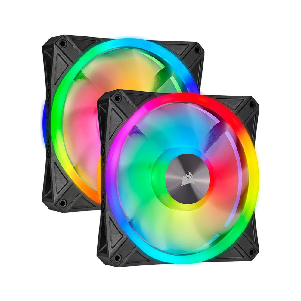 A large main feature product image of Corsair iCUE QL140 RGB 140mm PWM Dual Fan Kit with Lighting Node CORE