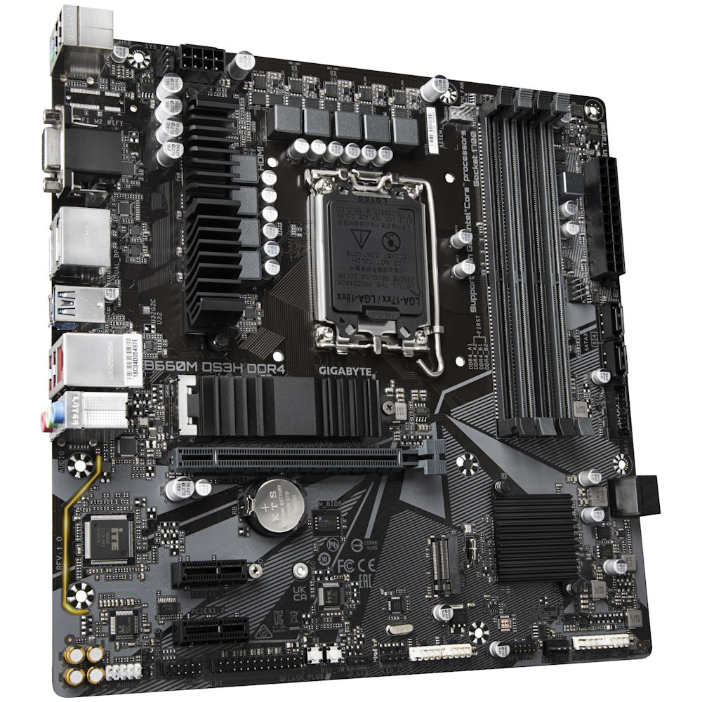 A large main feature product image of Gigabyte B660M DS3H DDR4 LGA1700 mATX Desktop Motherboard