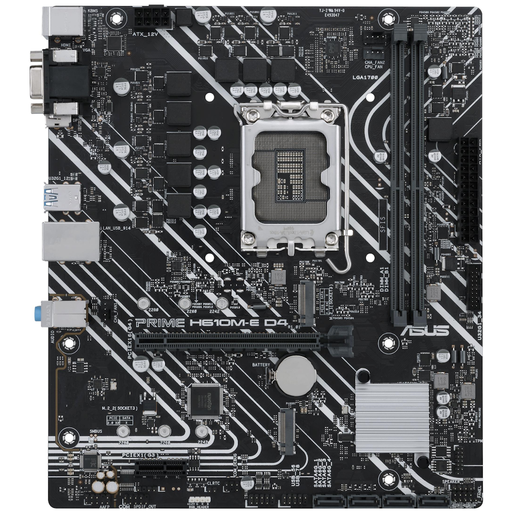A large main feature product image of ASUS PRIME H610M-E DDR4 LGA1700 mATX Desktop Motherboard