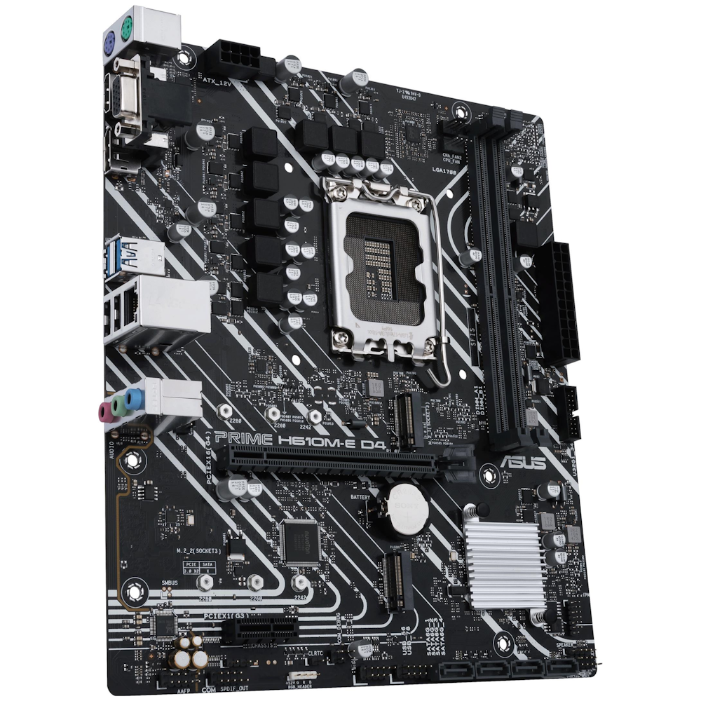 A large main feature product image of ASUS PRIME H610M-E DDR4 LGA1700 mATX Desktop Motherboard