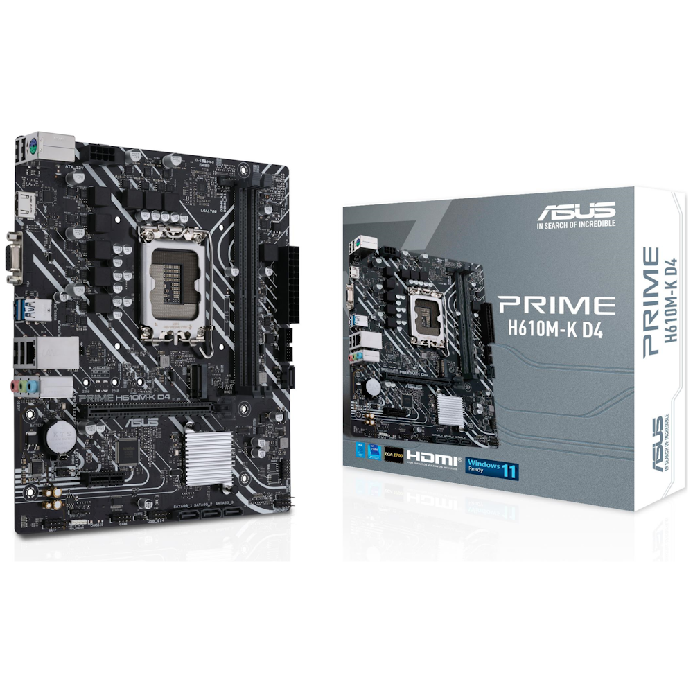 A large main feature product image of ASUS PRIME H610M-K DDR4 LGA1700 mATX Desktop Motherboard