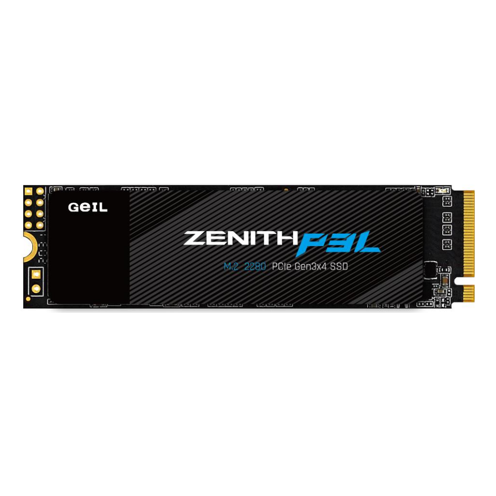 A large main feature product image of Geil Zenith 512GB P3L M.2 PCIe NVMe SSD