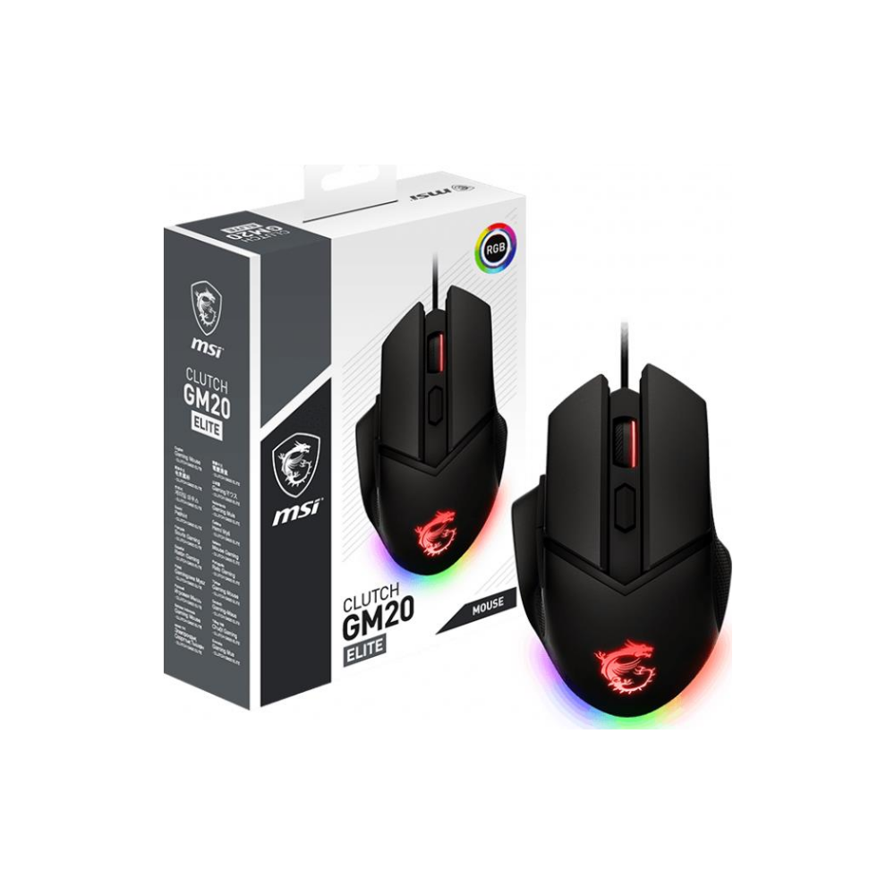 A large main feature product image of MSI Clutch GM20 Elite Gaming Mouse