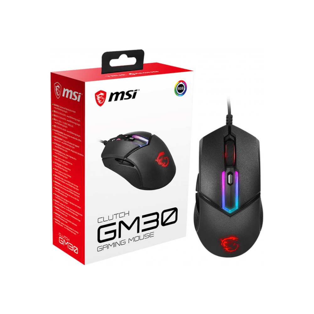 A large main feature product image of MSI Clutch GM30 RGB Gaming Mouse