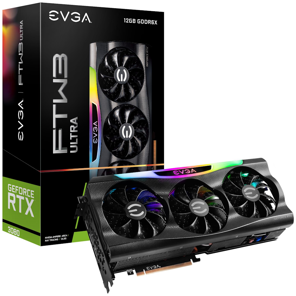 A large main feature product image of EVGA GeForce RTX 3080 FTW3 Ultra LHR 12GB GDDR6X