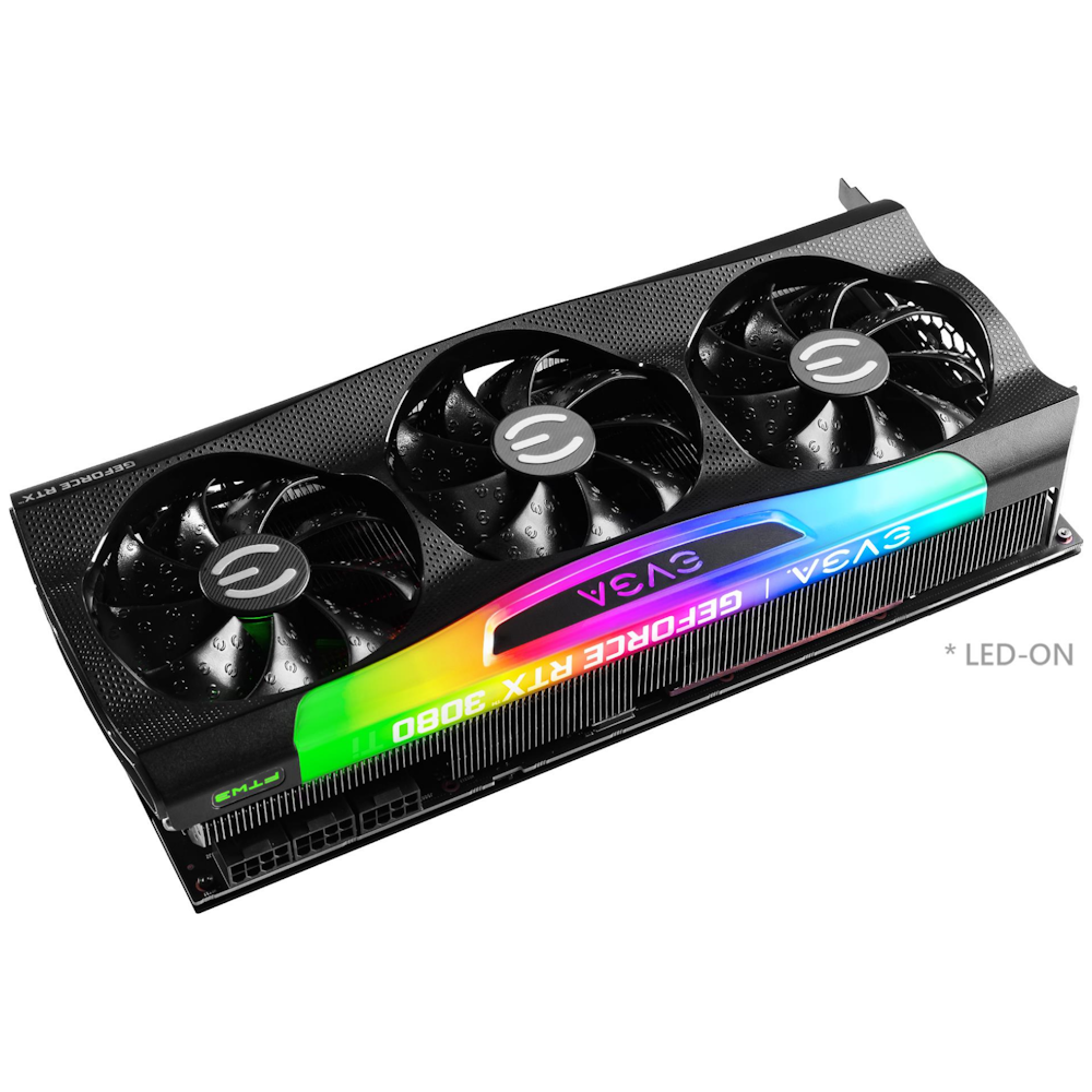 A large main feature product image of eVGA GeForce RTX 3080 FTW3 Ultra LHR 12GB GDDR6X