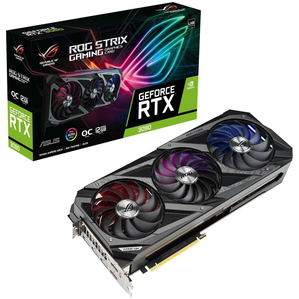 A large main feature product image of ASUS GeForce RTX 3080 ROG Strix OC LHR 12GB GDDR6X