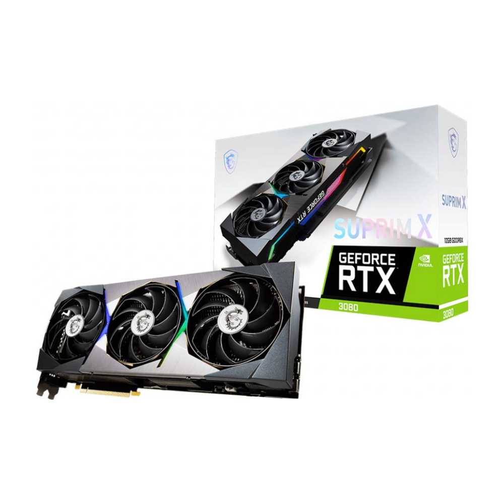 A large main feature product image of MSI GeForce RTX 3080 SUPRIM X LHR 12GB GDDR6X