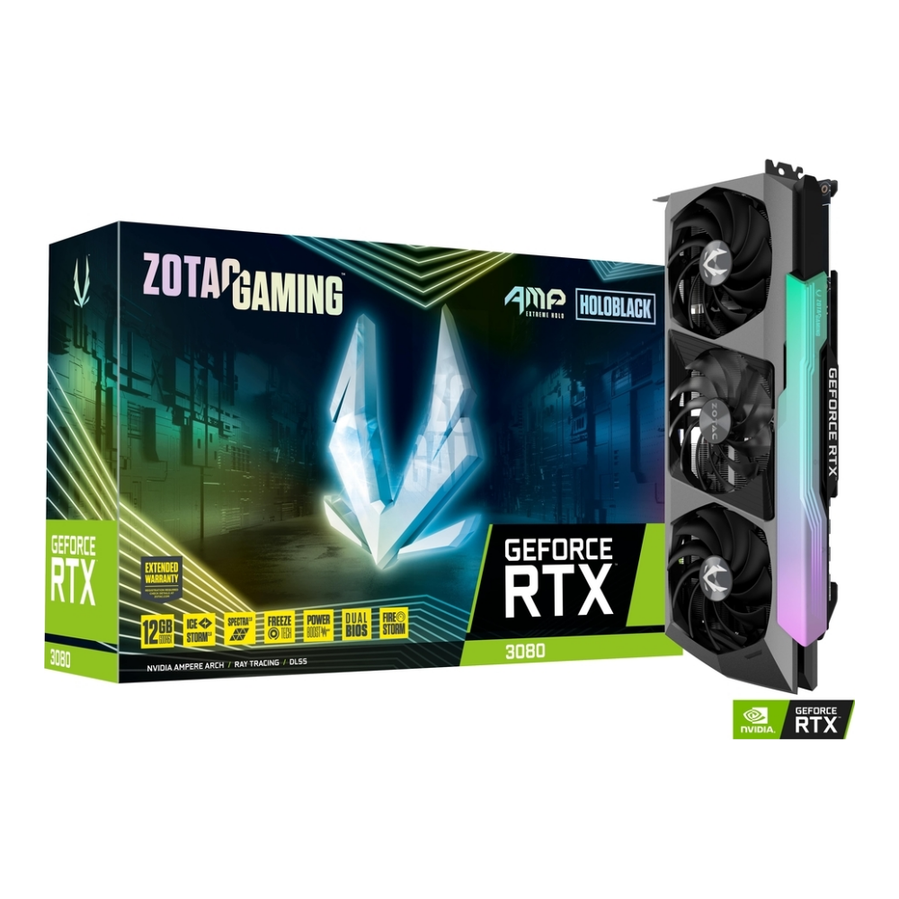 A large main feature product image of ZOTAC GAMING GeForce RTX 3080 AMP Extreme Holo LHR 12GB GDDR6X