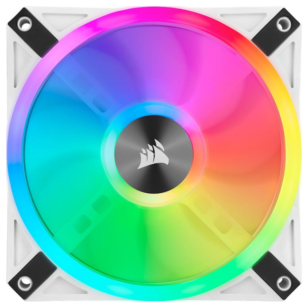 A large main feature product image of Corsair iCUE QL120 RGB 120mm PWM White Fan — Single Pack