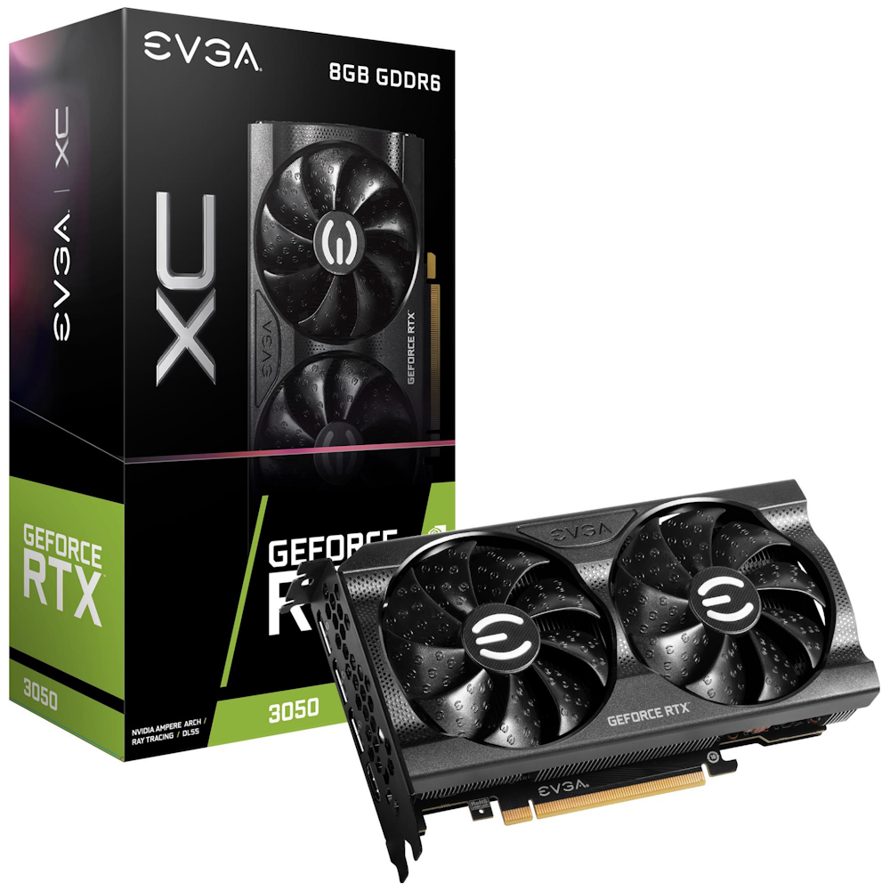 A large main feature product image of EVGA GeForce RTX 3050 XC Gaming 8GB GDDR6