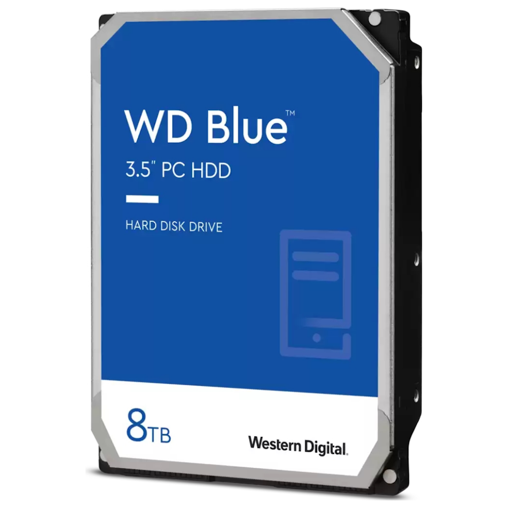 A large main feature product image of WD Blue 3.5" Desktop HDD - 8TB 128MB