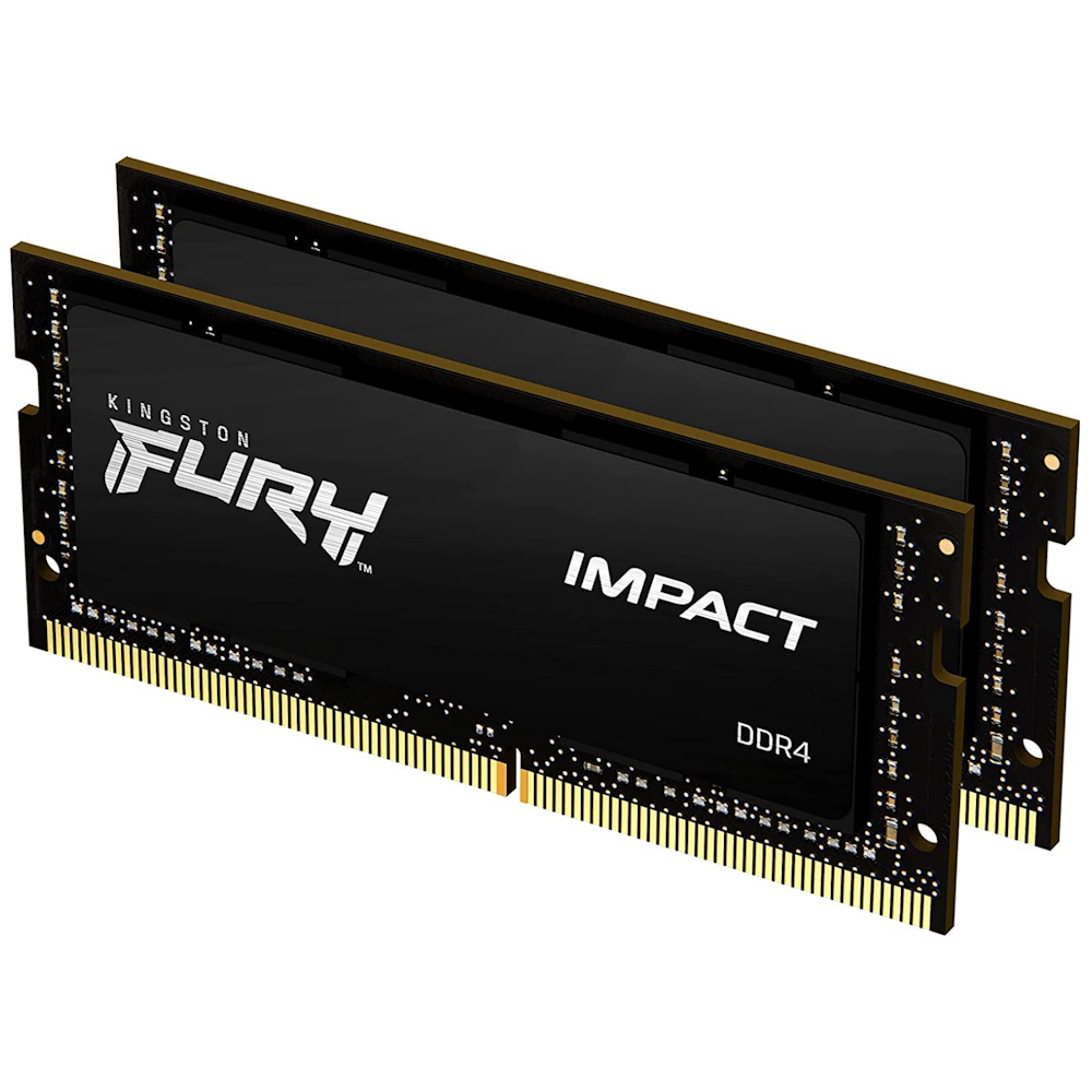 A large main feature product image of Kingston 32GB Kit (2x16GB) DDR4 Fury Impact SO-DIMM C20 3200MHz - Black