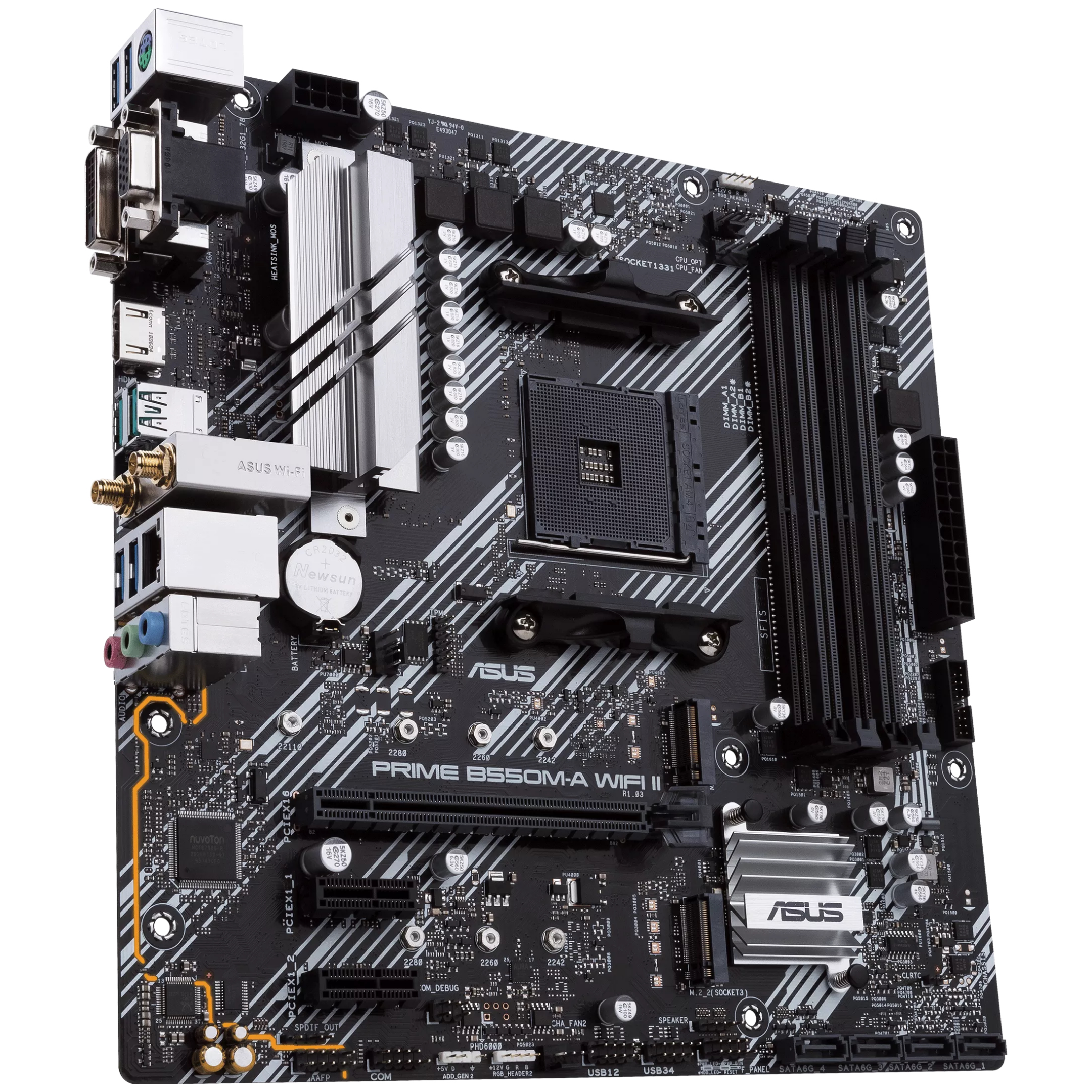 A large main feature product image of ASUS PRIME B550M-A WiFi II AM4 mATX Desktop Motherboard
