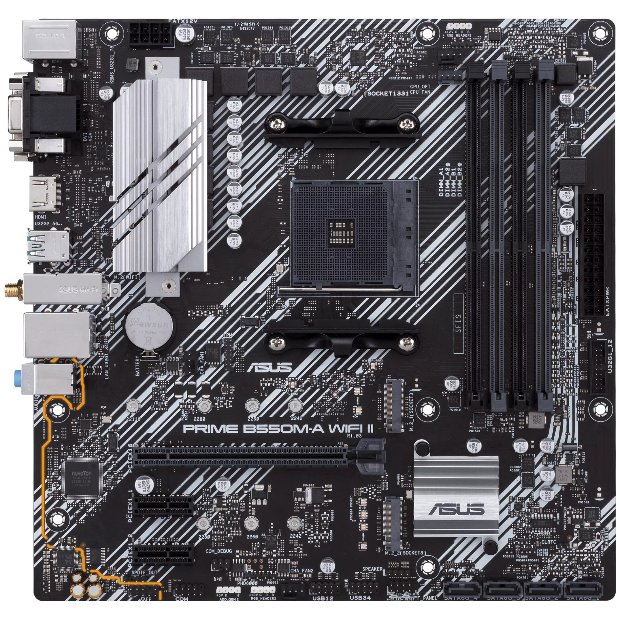 A large main feature product image of ASUS PRIME B550M-A WiFi II AM4 mATX Desktop Motherboard