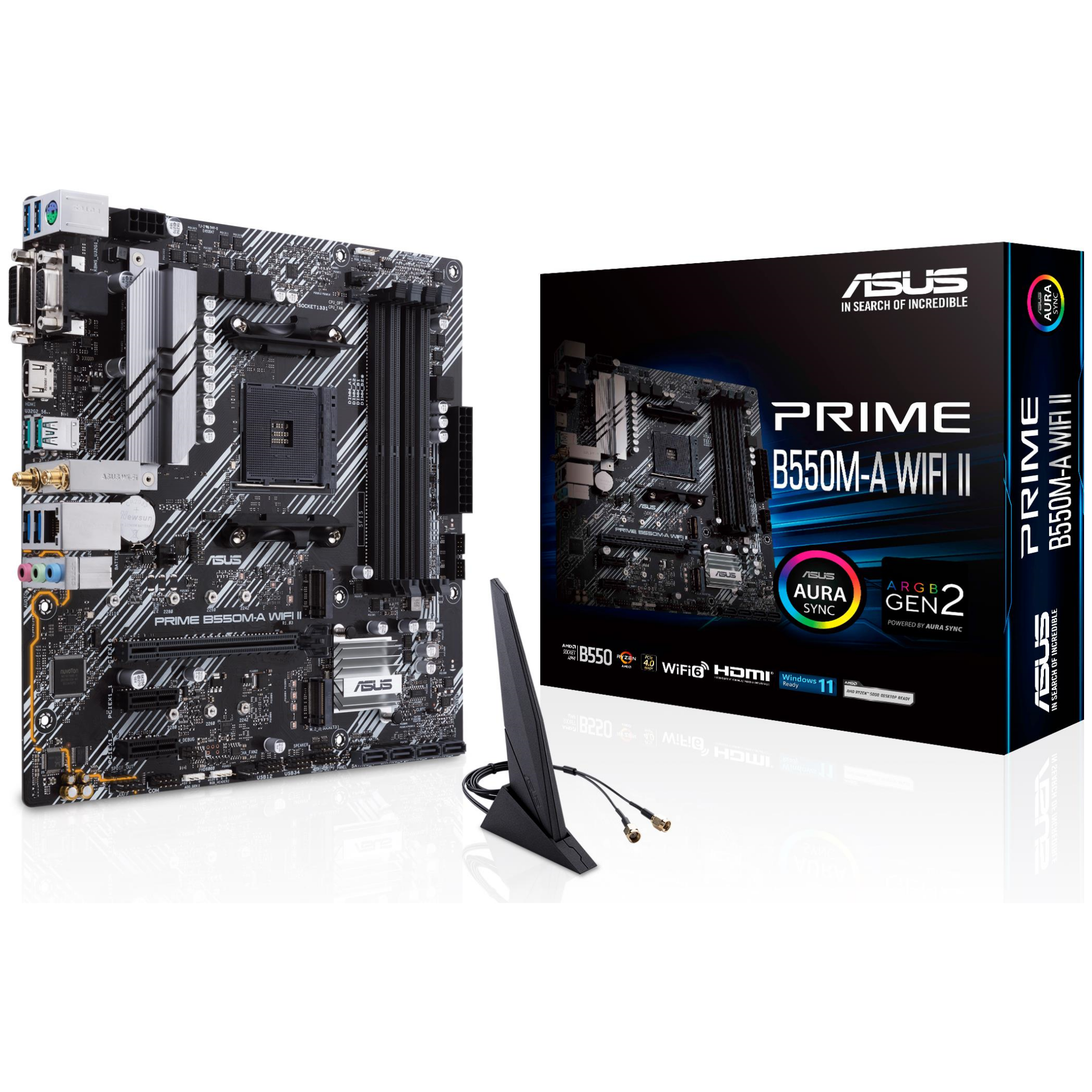 A large main feature product image of ASUS PRIME B550M-A WiFi II AM4 mATX Desktop Motherboard