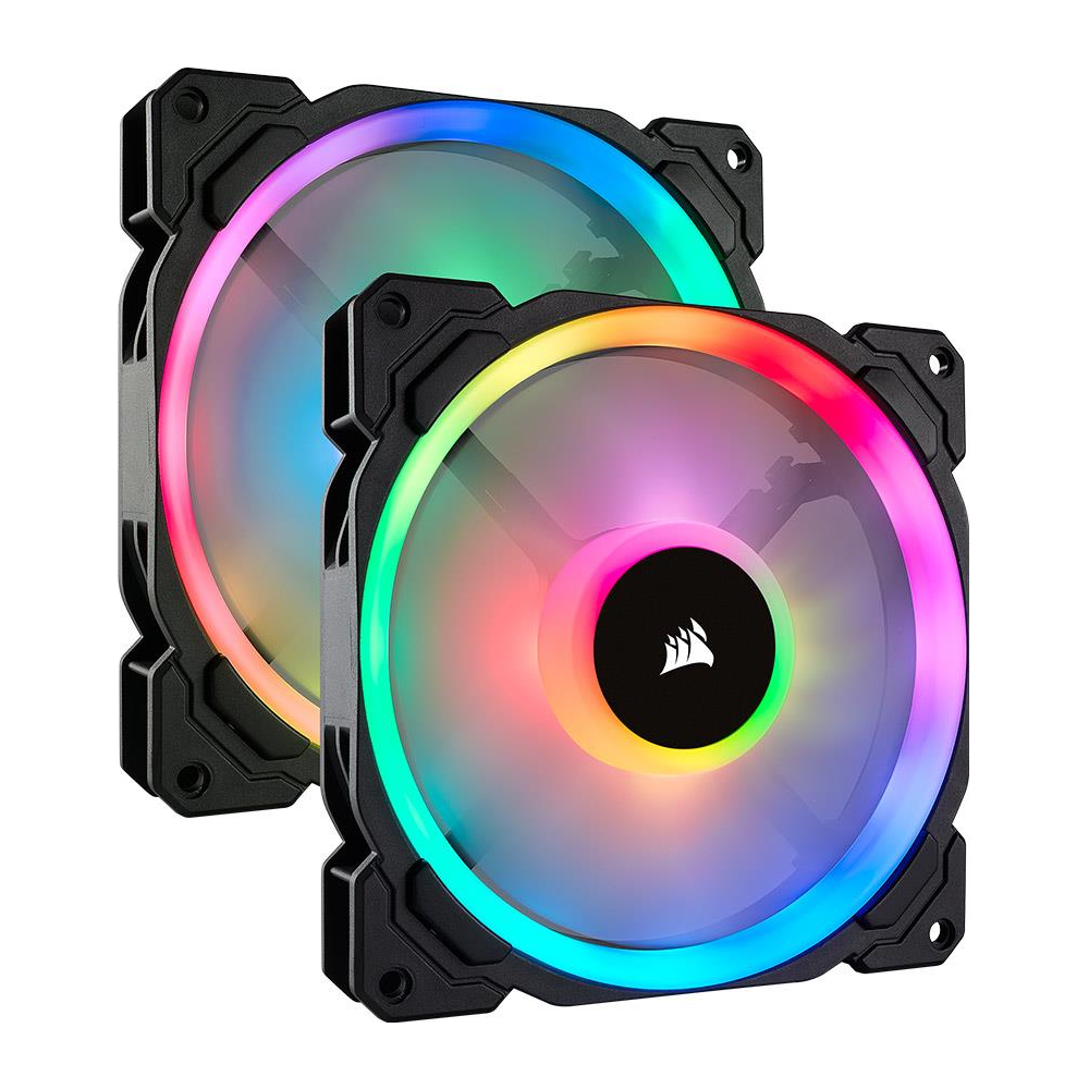 A large main feature product image of Corsair LL140 RGB 140mm Dual Light Loop RGB LED PWM Fan — 2 Fan Pack with Lighting Node PRO