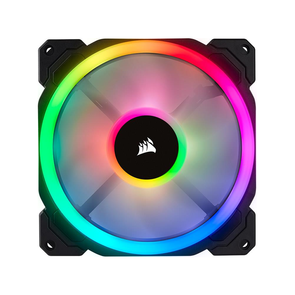 A large main feature product image of Corsair LL140 RGB 140mm Dual Light Loop RGB LED PWM Fan — 2 Fan Pack with Lighting Node PRO