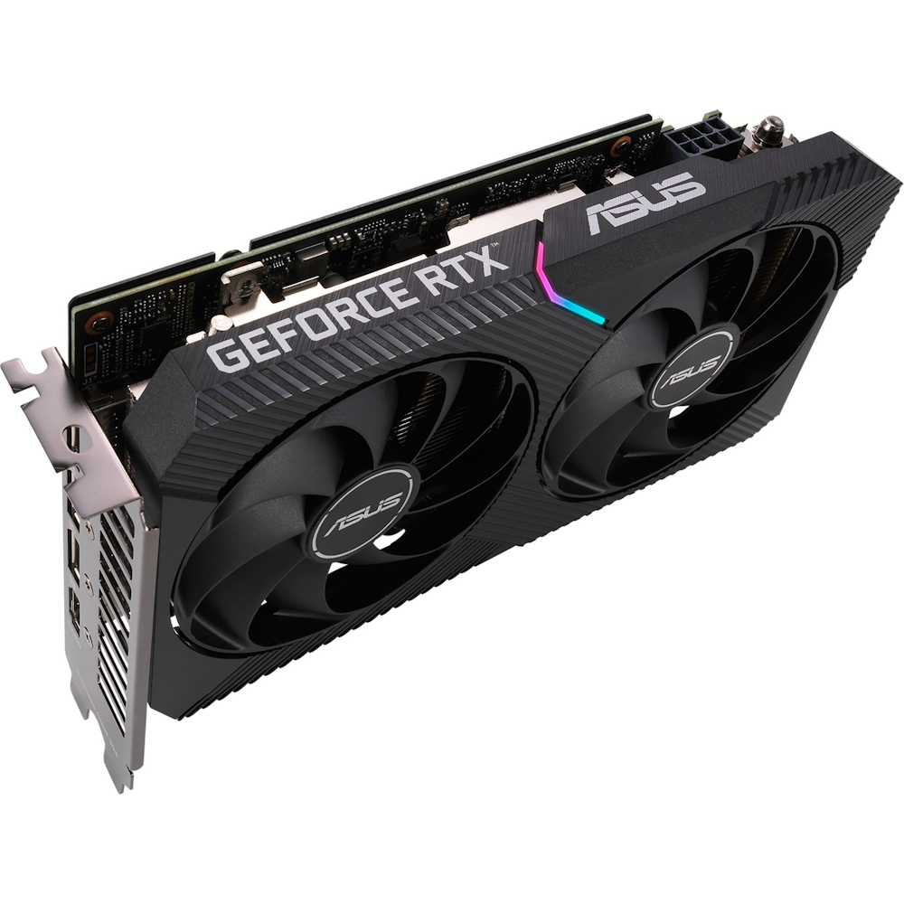 A large main feature product image of ASUS GeForce RTX 3050 Dual OC 8GB GDDR6