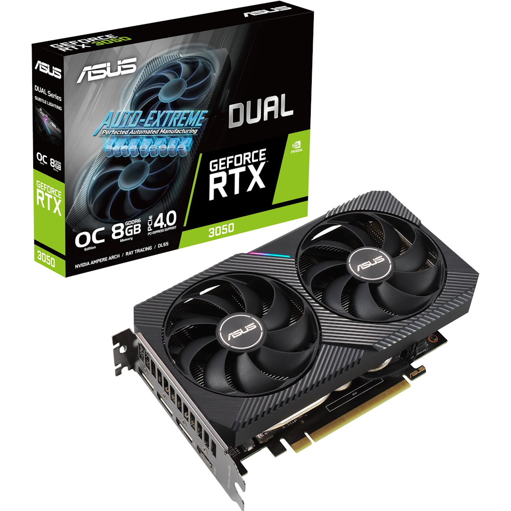 A large main feature product image of ASUS GeForce RTX 3050 Dual OC 8GB GDDR6