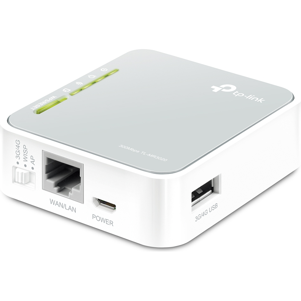 A large main feature product image of TP-Link MR3020 - N150 3G/4G Wi-Fi 4 Portable Router