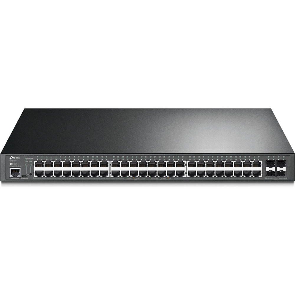 A large main feature product image of TP-Link JetStream SG3452P - 52-Port Gigabit L2+ Managed Switch with 48-Port PoE+