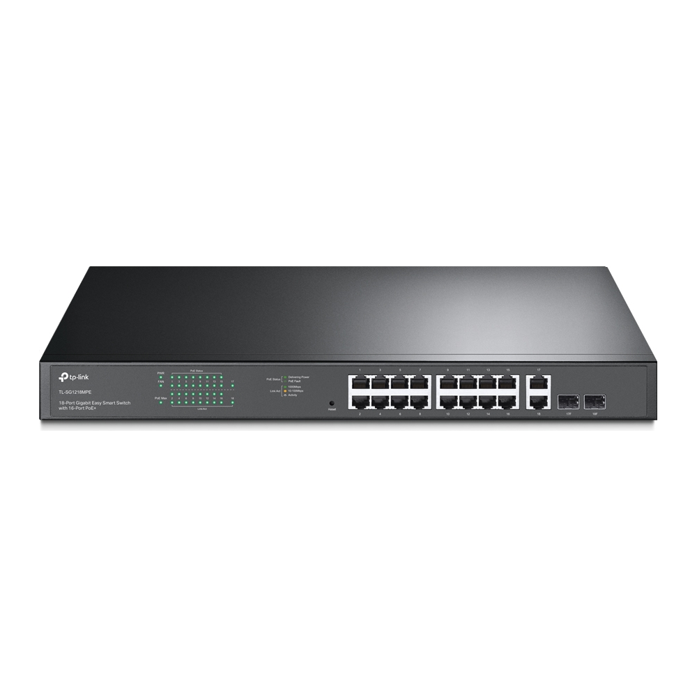 A large main feature product image of TP-Link SG1218MPE - 16-Port Gigabit Easy Smart PoE+ Switch with 2 SFP Slots