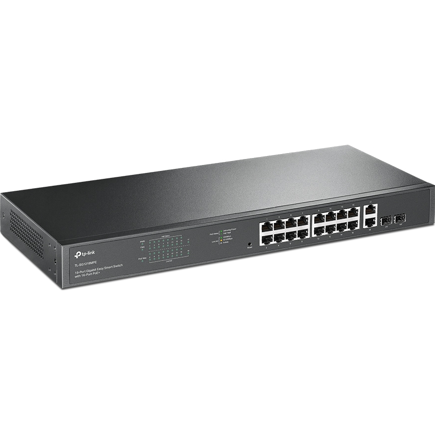 A large main feature product image of TP-Link SG1218MPE - 16-Port Gigabit Easy Smart PoE+ Switch with 2 SFP Slots