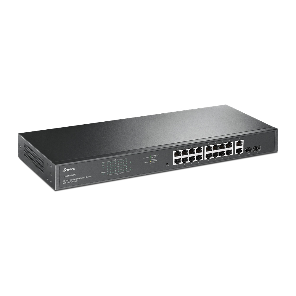 A large main feature product image of TP-Link SG1218MPE - 16-Port Gigabit Easy Smart PoE+ Switch with 2 SFP Slots