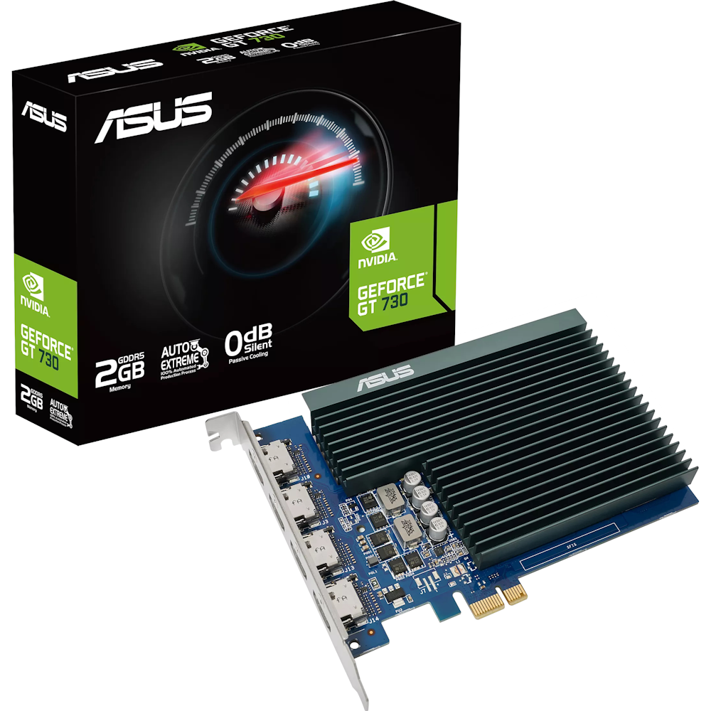 A large main feature product image of ASUS GeForce GT 730 2GB GDDR5