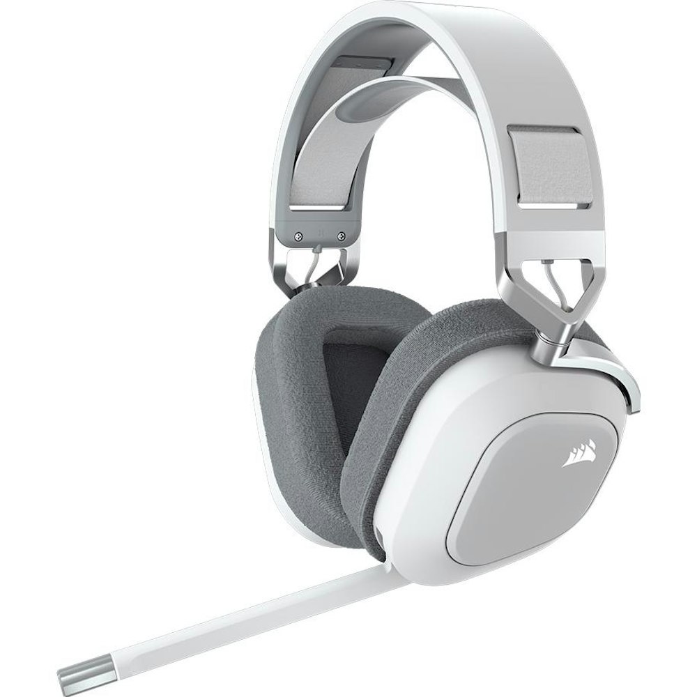 A large main feature product image of Corsair HS80 RGB Wireless Premium Gaming Headset with Spatial Audio - White