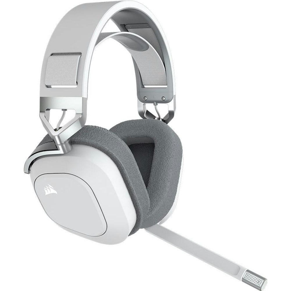 A large main feature product image of Corsair HS80 RGB Wireless Premium Gaming Headset with Spatial Audio - White