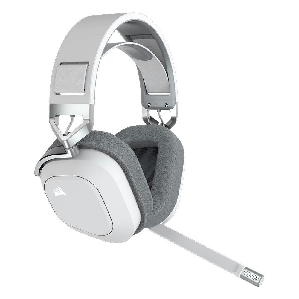 A large main feature product image of Corsair HS80 RGB Wireless Premium Gaming Headset with Spatial Audio — White