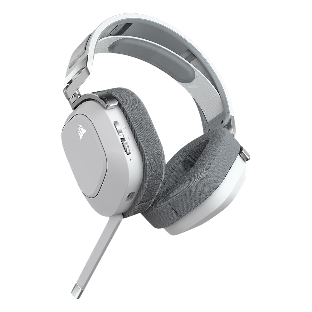 A large main feature product image of Corsair HS80 RGB WIRELESS Premium Gaming Headset with Spatial Audio (White)