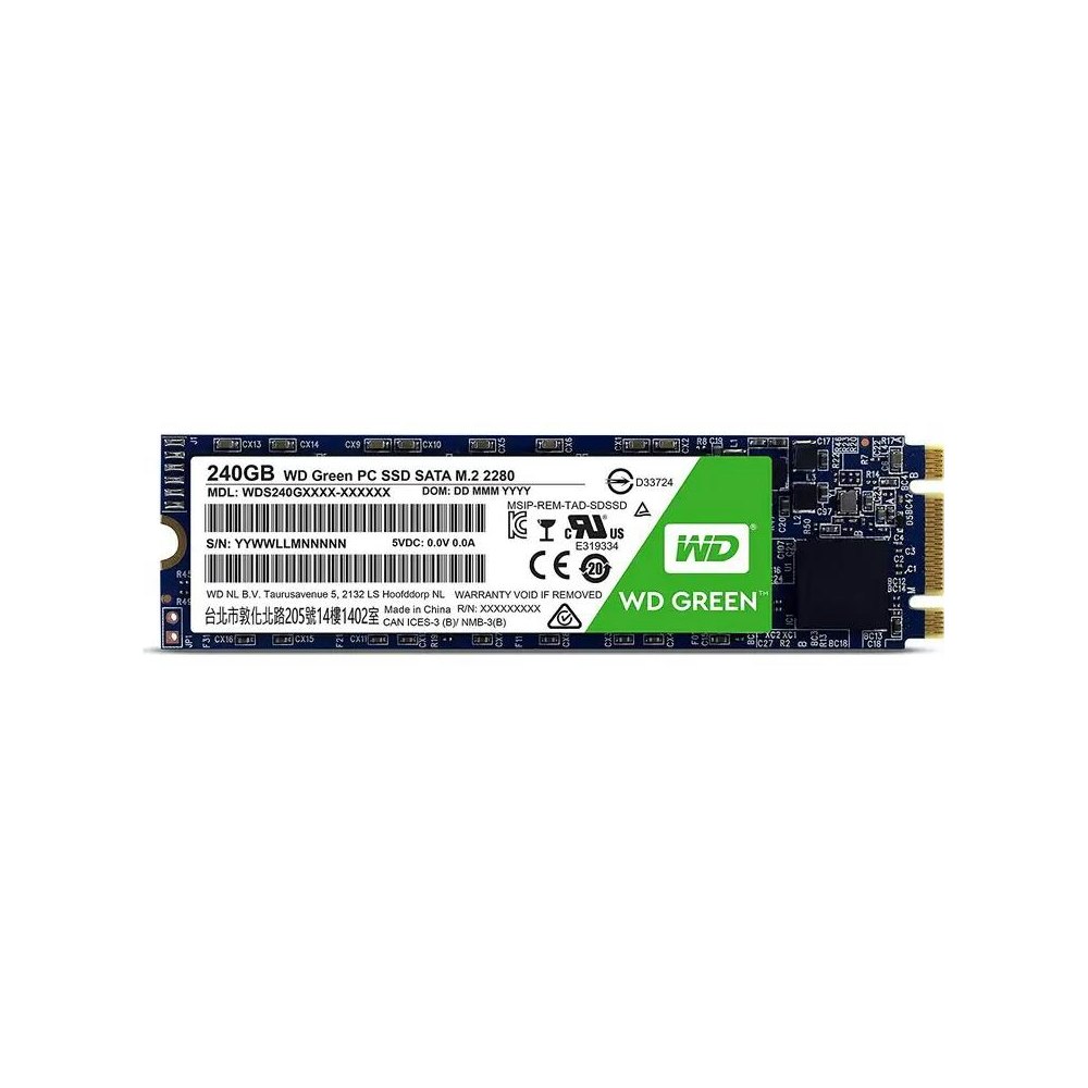 A large main feature product image of WD Green SATA III M.2 SSD - 240GB