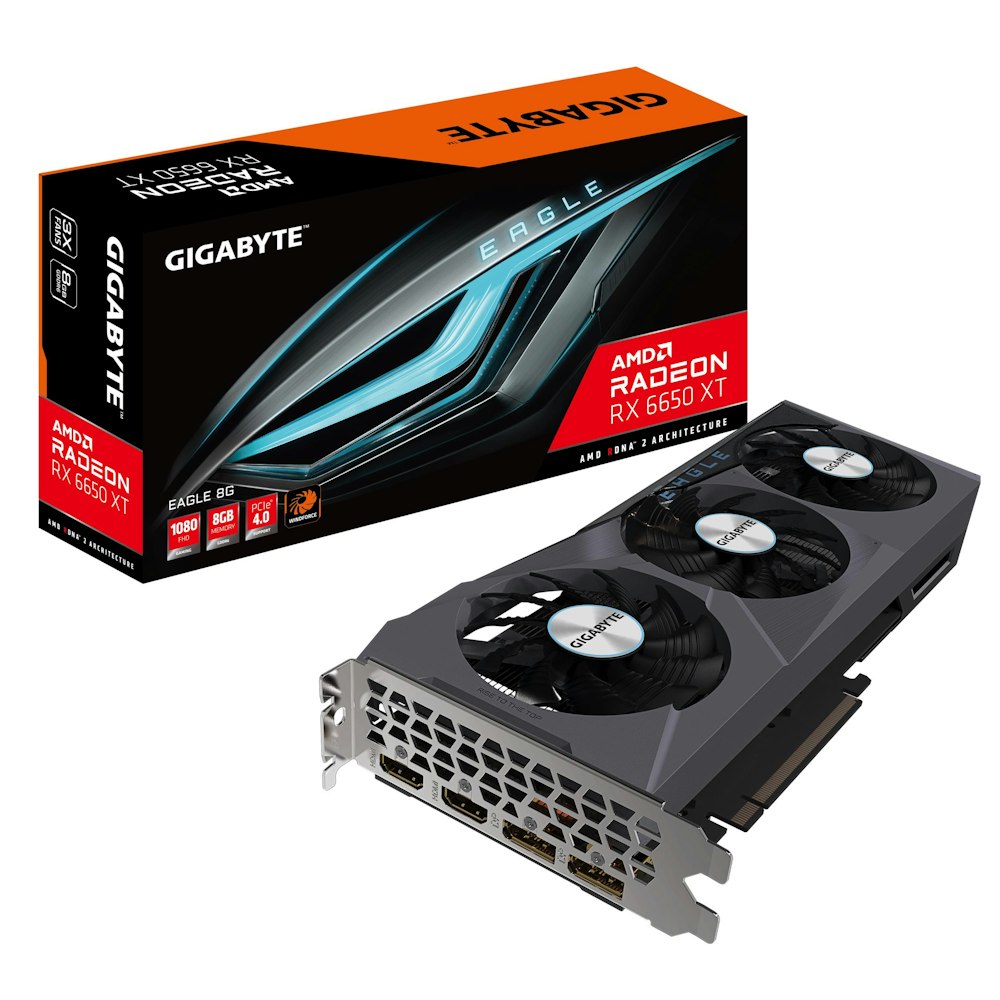 A large main feature product image of Gigabyte Radeon RX 6650 XT Eagle 8G GDDR6