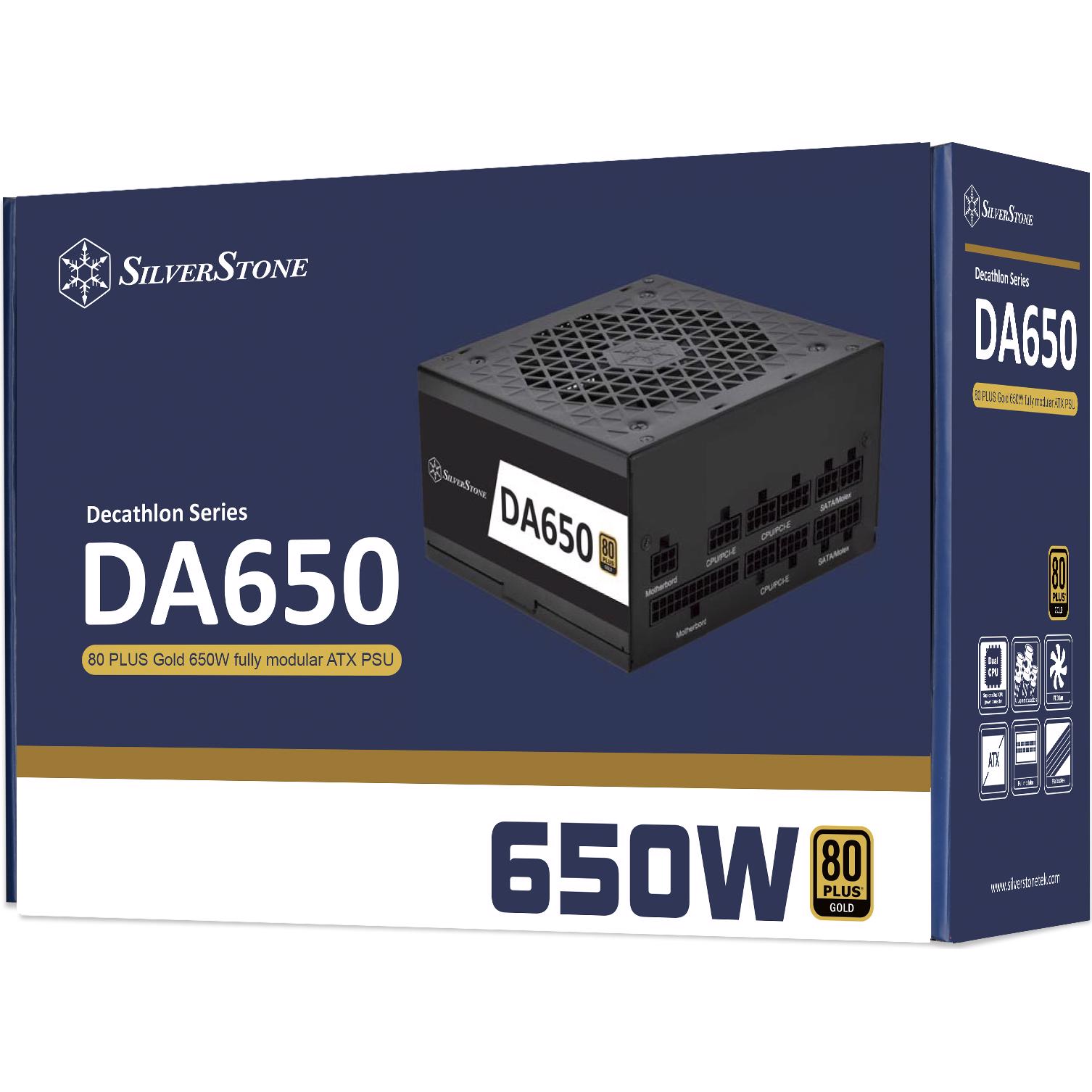 A large main feature product image of SilverStone Decathlon 650W Gold ATX Modular PSU