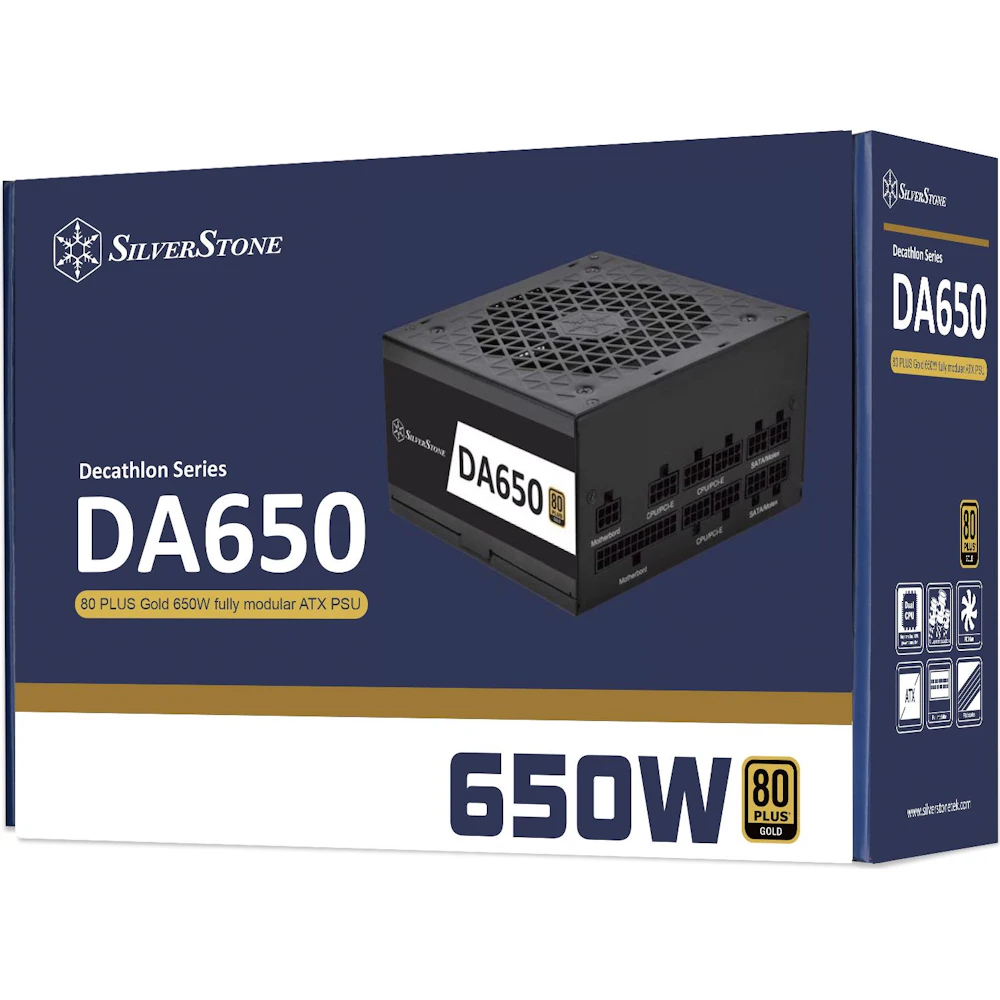 A large main feature product image of SilverStone Decathlon 650W Gold ATX Modular PSU