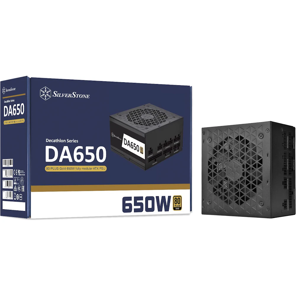A large main feature product image of SilverStone Decathlon 650W Gold ATX Modular PSU