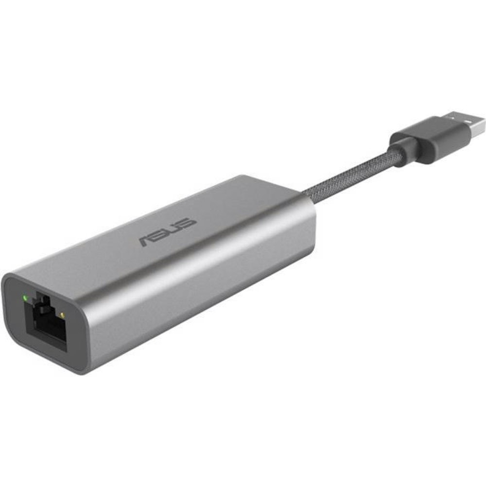 A large main feature product image of ASUS USB-C2500 2.5Gbps Ethernet NIC