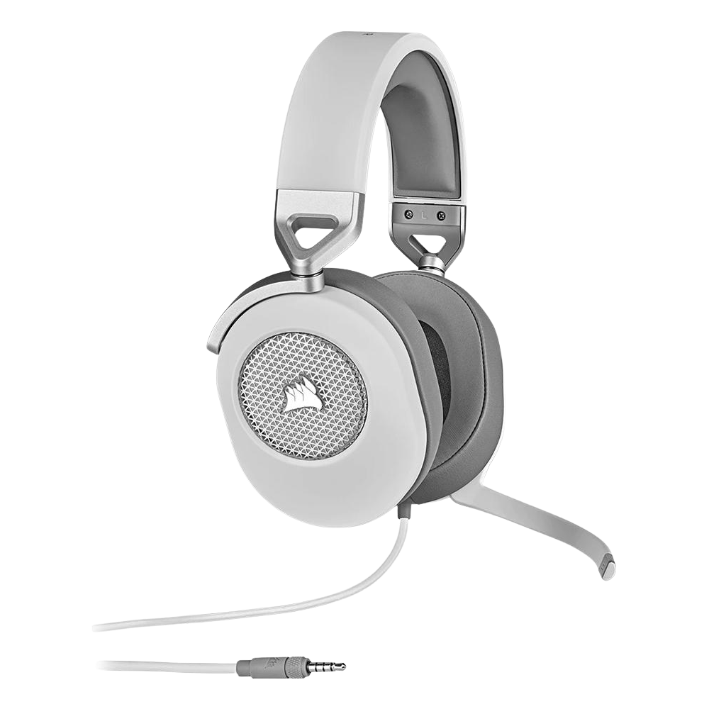 A large main feature product image of Corsair HS65 SURROUND Wired Gaming Headset (White)