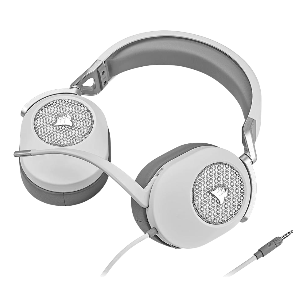 A large main feature product image of Corsair HS65 SURROUND Wired Gaming Headset (White)
