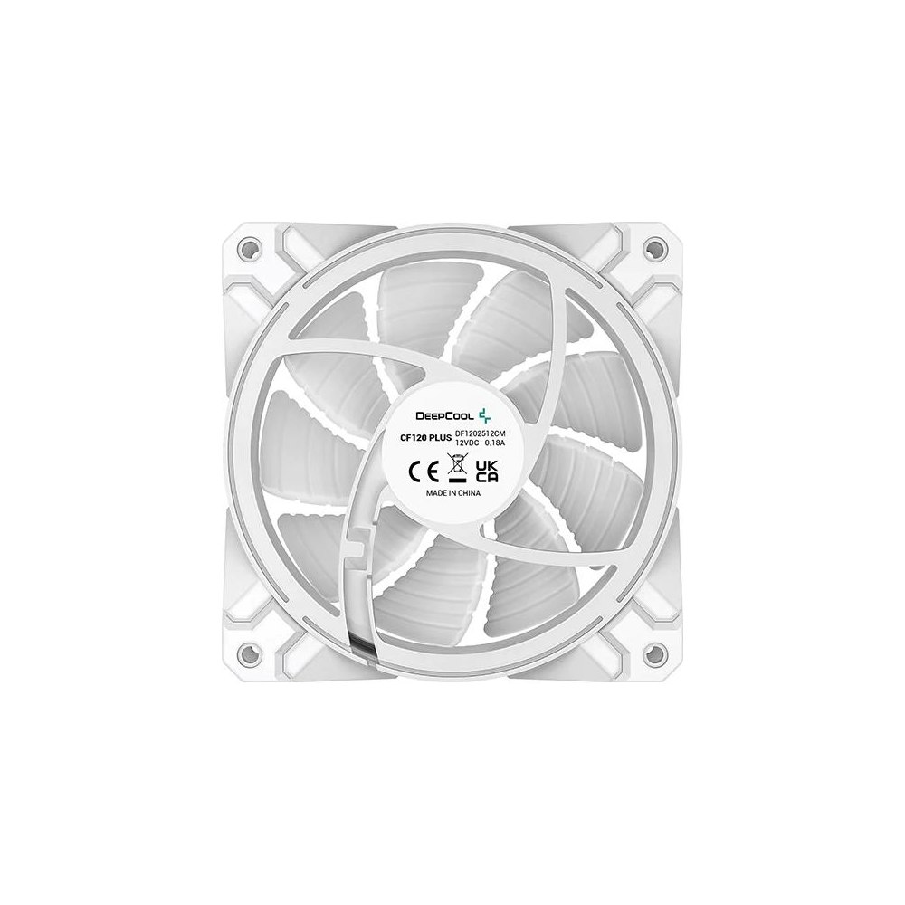 A large main feature product image of DeepCool CF120 PLUS WH 3 in 1 120mm Case Fan Pack - White