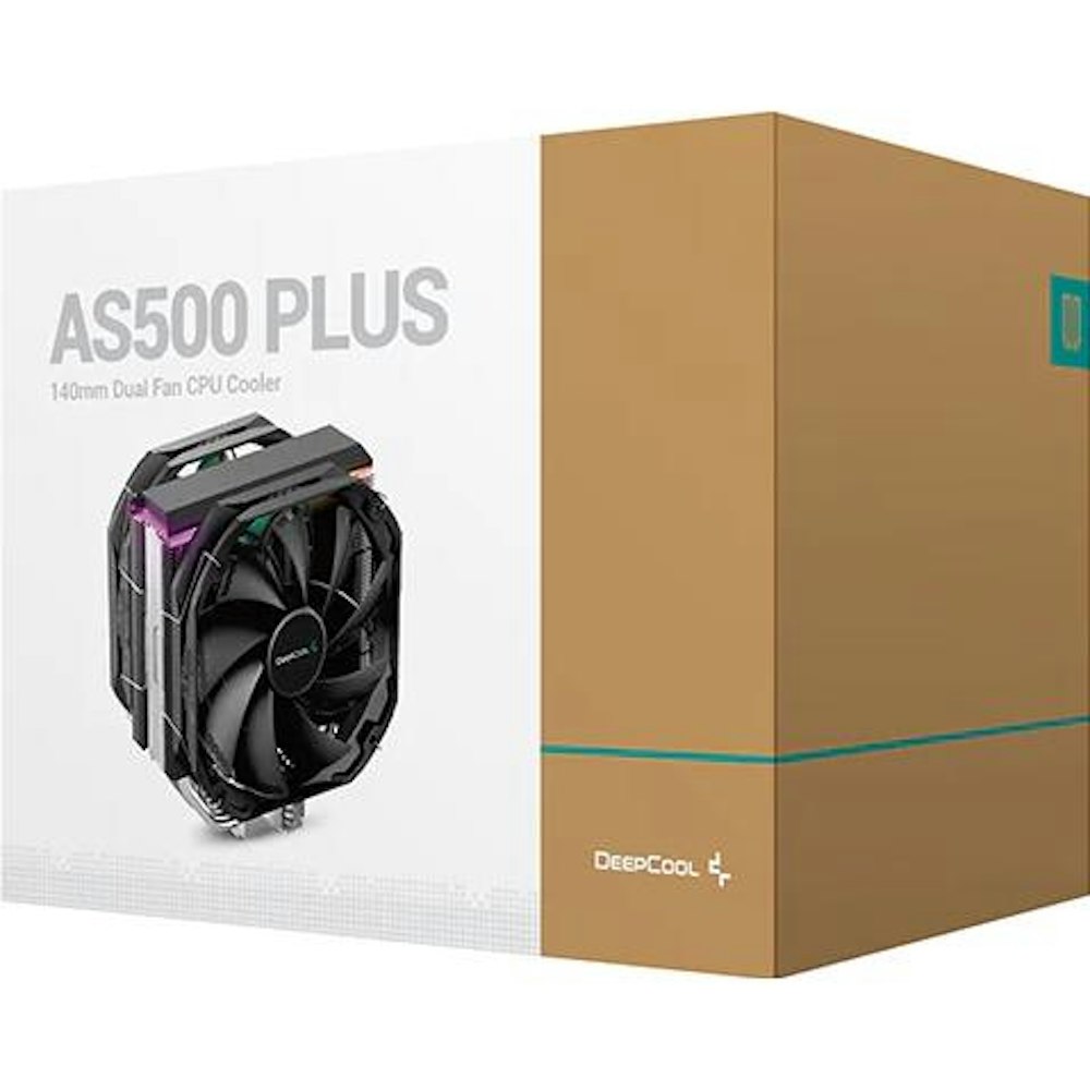 A large main feature product image of DeepCool AS500 PLUS CPU Cooler