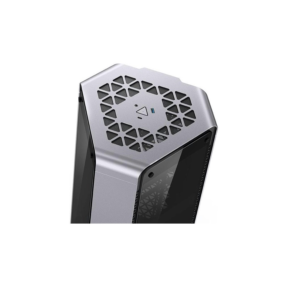 A large main feature product image of Jonsplus BO 102 Silver Mini ITX Case w/Tempered Glass Side Panel