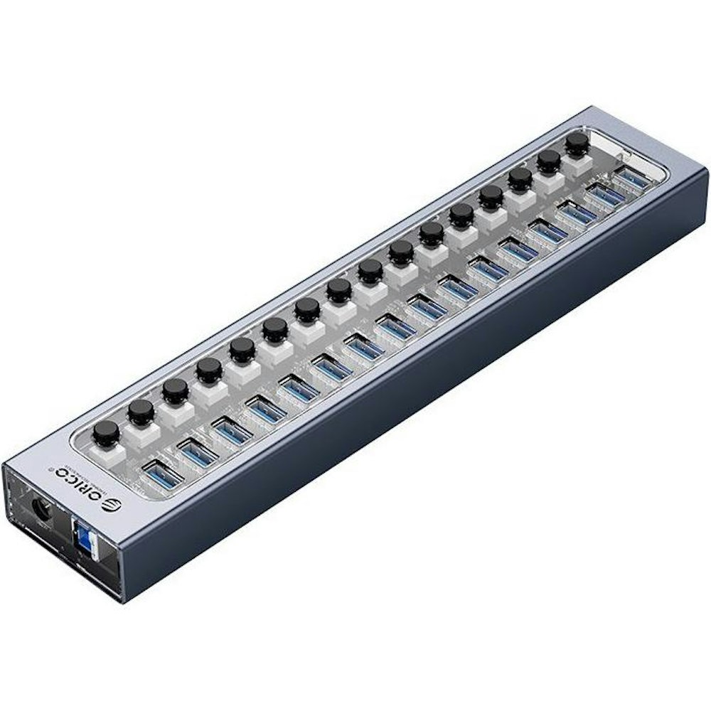 A large main feature product image of ORICO 16 Port USB3.0 Multi-Port USB Hub w/ Individual Switches